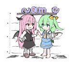  2girls :d ascot barefoot bat_wings black_skirt black_vest blue_eyes blue_skirt blue_vest bow brown_footwear character_name chibi collared_shirt daiyousei dress_shirt english_text fairy_wings full_body green_hair hair_bow head_wings height_mark high_five koakuma kunai long_hair looking_at_another mary_janes medium_hair multiple_girls necktie red_eyes red_hair red_necktie shinmon_akika shirt shoes side_ponytail sketch skirt skirt_set smile socks split_mouth touhou very_long_hair vest weapon white_shirt white_socks wings yellow_ascot yellow_bow 