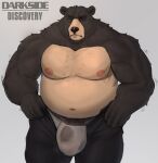  2023 anthro bear black_body black_fur bodily_fluids body_hair bottomwear chest_hair clothed clothing darksideofdiscovery eyebrows fur genital_fluids genitals hair hairy hi_res male mammal moobs musclegut navel nipples overweight overweight_anthro overweight_male pants pecs solo underwear undressing 