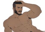  1boy abs arm_hair armpit_hair armpit_hair_peek bara beard biceps black_hair blush buzz_cut castlevania castlevania:_nocturne completely_nude dark-skinned_male dark_skin earrings facial_hair hand_on_own_head jewelry large_pectorals leaning_back looking_at_viewer male_focus male_pubic_hair mature_male mizrak_(castlevania) muscular muscular_male navel navel_hair nipples nude out-of-frame_censoring pectorals pubic_hair reiner55 short_hair sitting solo stomach thick_eyebrows thick_mustache undercut veins veiny_arms very_short_hair white_background 