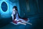  1girl bare_tree bo_cota dark dark_room hanging_scroll highres houraisan_kaguya light looking_to_the_side moonlight on_floor scroll sitting solo touhou tree vase window window_shade 