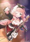  1girl bang_dream! bass_guitar black_gloves fender_precision_bass fingerless_gloves gloves green_eyes highres instrument long_hair long_sleeves looking_at_viewer low_twintails official_art one_eye_closed open_mouth pink_hair pleated_skirt red_skirt serino_itsuki skirt twintails uehara_himari 