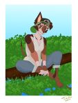  anthro bottomwear brown_body brown_fur canid canine canis clothing denim denim_clothing domestic_dog female fur hat headgear headwear hi_res jeans jersey mammal nature nature_background pants pose posing_for_picture sitting smile solo tomboy tukutun 