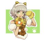  1girl :3 :d animal_ears animal_hands animal_print bow brown_hair cat_ear_hairband cat_ears commentary_request cropped_torso fake_animal_ears fang fur-trimmed_shirt fur_trim gloves green_background green_eyes hands_up idol_clothes looking_at_viewer mole mole_under_mouth open_mouth orange_bow outline paw_gloves paw_pose pom_pom_(clothes) pretty_(series) pripara seihakumai shirt short_hair smile solo taiyo_pepper upper_body white_outline yellow_bow 