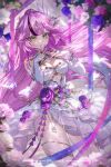 1girl 7_n bare_shoulders blue_flower blue_rose bracelet breasts cleavage closed_mouth commentary_request cowboy_shot dress flower green_eyes hands_up highres jewelry lan_(tower_of_fantasy) long_hair looking_at_viewer pink_flower pink_hair pink_nails pink_rose purple_flower purple_rose rose smile solo thighhighs tower_of_fantasy very_long_hair white_dress white_flower white_rose white_thighhighs 
