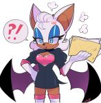  2023 annoyed anthro armwear bat breasts brown_body brown_skin clothing elbow_gloves female fur gloves half-closed_eyes handwear heartludwig hi_res lipstick makeup mammal narrowed_eyes paper rouge_the_bat sega signature simple_background solo sonic_the_hedgehog_(series) speech_bubble white_body white_fur wings 
