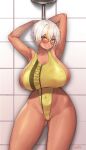  1girl against_wall armpits arms_behind_head ass_visible_through_thighs blonde_hair breasts contrapposto covered_navel cowboy_shot dark-skinned_female dark_skin glasses gron harry_(dudwofla) highleg highleg_swimsuit highres huge_breasts looking_at_viewer luvdia multicolored_hair one-piece_swimsuit park_dona round_eyewear short_hair shower_(place) shower_head sideboob sideless_outfit solo streaked_hair swimsuit virtual_youtuber wet wet_clothes white_hair yellow_eyes yellow_one-piece_swimsuit 