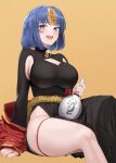  1girl absurdres alcohol bell black_dress blue_eyes blue_hair blush bob_cut breasts bright_pupils cleavage cleavage_cutout clothing_cutout commentary dress goback highres large_breasts looking_at_viewer medium_hair neck_bell open_mouth original side_slit simple_background sitting smile solo squinting talisman thigh_strap 