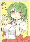  1girl commentary_request green_hair kazami_yuuka looking_at_viewer matsu_kitsune open_mouth plaid plaid_vest red_eyes red_vest short_hair simple_background solo touhou translation_request upper_body vest yellow_background 