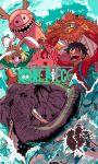  1girl 2boys absurdres animal animal_ears bandages black_hair blonde_hair carrot_(one_piece) cat_ears cover dragon elephant fake_cover fangs firescorpio highres island jolly_roger logo long_hair monkey_d._luffy multiple_boys nekomamushi one_piece open_mouth pipe_in_mouth rabbit_ears rabbit_girl ryunosuke_(one_piece) scar scar_on_cheek scar_on_face sharp_teeth short_hair skull_and_crossbones smile smoking_pipe straw_hats_jolly_roger teeth whiskers zunesha 