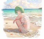  1girl absurdres ar0_(user_zmza5884) bandaged_arm bandaged_chest bandages barefoot beach blush breasts cloud day eto_(tokyo_ghoul) green_eyes green_hair highres looking_at_viewer looking_to_the_side medium_breasts naked_bandage ocean outdoors short_hair sitting solo tokyo_ghoul tokyo_ghoul:re water 