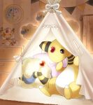  ampharos analog_clock bed black_eyes canopy_bed clock closed_eyes closed_mouth cupboard curtains decorations flaaffy hand_on_own_face highres lights mareep mega_ampharos mega_pokemon pillow pokemon pokemon_(creature) sasabunecafe sitting sleeping smile star_(symbol) striped stuffed_toy zzz 