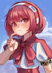  1girl :/ android artist_name blue_sky blush bow bowtie closed_mouth cloud collared_shirt day dorothy_haze finger_to_own_chin hairband hakai_no_ika hand_up highres joints looking_at_viewer outdoors puffy_short_sleeves puffy_sleeves red_bow red_bowtie red_eyes red_hair red_hairband robot_joints shirt short_hair short_sleeves sky solo striped striped_hairband upper_body va-11_hall-a white_hairband white_shirt 