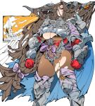  1girl angry armor blue_cape bodystocking bow breasts brown_eyes brown_hair cape castle cleavage clenched_hands commission covered_navel freya_(kae_(kikkerikill)) frown gloves greaves hair_between_eyes hair_bow horns kafun large_breasts long_hair low-tied_long_hair original purple_bow red_gloves shrug_(clothing) skeb_commission solo torn_bodystocking torn_clothes v-shaped_eyebrows very_long_hair 