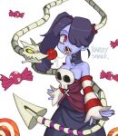  1girl barleyshake blue_skin breasts candy cleavage colored_skin cowboy_shot detached_sleeves food hair_over_one_eye leviathan_(skullgirls) lollipop open_mouth ponytail skull skullgirls solo squigly_(skullgirls) stitched_mouth stitches striped_sleeves zombie 