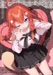  1girl ;p bison_cangshu black_bow black_skirt blue_eyes bow braid breasts closed_mouth frilled_pillow frills go-toubun_no_hanayome hair_between_eyes hair_ornament hair_over_shoulder hand_up heart heart_pillow highres long_hair long_sleeves looking_at_viewer low_twintails medium_breasts nakano_itsuki one_eye_closed pillow plaid plaid_background pleated_skirt puffy_long_sleeves puffy_sleeves red_hair ribbon-trimmed_sleeves ribbon_trim shirt skirt smile solo star_(symbol) star_hair_ornament striped striped_background tongue tongue_out twin_braids twintails v-shaped_eyebrows vertical_stripes white_shirt 