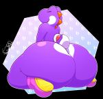  2023 ambiguous_gender anthro big_butt biped butt clothing digital_media_(artwork) footwear hi_res huge_butt hyper hyper_butt mario_bros nintendo nude open_mouth purple_yoshi rear_view shoes simple_background sitting smile solo thelewdshi thick_thighs wide_hips yoshi 