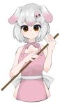  1girl alternate_costume apron back_bow bare_arms bare_shoulders blush bow brown_eyes choker hair_between_eyes kemono_friends looking_at_viewer multicolored_hair okayu_oziya pig_(kemono_friends) pig_nose pink_apron pink_choker pink_hair short_hair sidelocks smile solo white_hair 