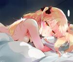  ... 1girl aura azumi_(myameco) bed_sheet black_ribbon blonde_hair blush breasts closed_mouth commentary_request ereshkigal_(fate) fate/grand_order fate_(series) hair_ribbon long_hair lying medium_breasts nude on_stomach orange_eyes pillow ribbon solo spoken_ellipsis 