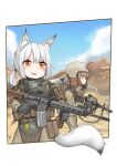  2girls absurdres animal_ear_fluff animal_ears assault_rifle blush brown_hair desert duct_tape green_eyes grey_hair gun helmet highres holding holding_gun holding_weapon military_operator multiple_girls orange_eyes original rifle scope srtdrawart tactical_clothes tail trigger_discipline weapon 