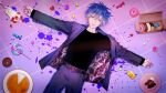  1boy belt black_shirt blue_eyes blue_hair blue_nails brown_belt cake cake_slice candy chocolate_cake cowboy_shot cuff_links doughnut food from_above fruit gradient_hair hair_between_eyes hakuseki jacket kaito_(vocaloid) lapels lollipop long_sleeves lying male_focus multicolored_hair notched_lapels o-ring o-ring_belt off_shoulder official_art on_back open_clothes open_jacket outstretched_arms paint_splatter pants parfait parted_lips pastry_box patterned_clothing plate purple_jacket purple_pants shirt short_hair spill spread_arms straight-on strawberry swirl_lollipop tile_floor tiles two-sided_fabric two-sided_jacket vocaloid wrapped_candy 