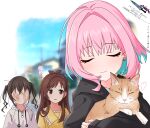  #unicus_(idolmaster) 3girls ahoge animal black_hair black_hoodie blue_hair blurry blurry_background blush brown_hair cat closed_eyes closed_mouth crossed_bangs day faceless faceless_female hair_intakes heart highres holding holding_animal holding_cat hood hood_down hoodie idolmaster idolmaster_cinderella_girls kakki_(kackie) mole multicolored_hair multiple_girls outdoors pink_hair red_eyes scratches sunazuka_akira tsujino_akari twintails two-tone_hair upper_body yumemi_riamu 