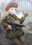  1girl arnhem bandaid bandaid_on_face battle battle_of_arnhem beret blonde_hair blue_eyes explosive grenade gun hat highres injury john_frost_bridge military military_uniform operation_market_garden original ruins savankov shouting smoke soldier special_air_service submachine_gun thompson_submachine_gun uniform united_kingdom weapon world_war_ii 