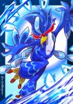  absurdres bird blue_eyes duck highres looking_at_viewer no_humans pokemon pokemon_(creature) quaquaval solo standing standing_on_one_leg twitter_username water ya-don 