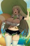  1girl :d antenna_hair arm_cuffs ascot ass_visible_through_thighs beach bikini bikini_bottom_only black_skirt breasts button_gap chest_strap cleavage crop_top day frills goddess_of_victory:_nikke green_ascot green_headwear hair_ornament hairclip heart_antenna_hair highres innertube large_breasts large_hat light_blush light_green_hair long_hair navel ocean open_mouth outdoors peach-cup pink_eyes sand skindentation skirt sleeveless smile soda_(nikke) solo swimsuit thighhighs water white_thighhighs 