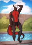 absurd_res anthro black_body black_scales buffreyra bulge clothed clothing cloud day dragon hair hand_behind_head hi_res horn humanoid_genitalia male muscular muscular_anthro muscular_male outside partially_clothed red_body red_scales scales scalie sky smile solo speedo swimming_pool swimwear water wet white_hair wingless_dragon 