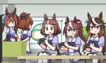  5girls animal_ears antenna_hair arm_behind_back aston_machan_(umamusume) blue_eyes bow bowtie brown_hair chair controller crossed_arms crown daiwa_scarlet_(umamusume) earrings game_controller hair_intakes hair_ornament hairclip hamu_koutarou high_ponytail highres holding holding_controller holding_game_controller horse_ears horse_girl horse_tail horseshoe_ornament jewelry long_hair looking_at_another mini_crown multicolored_hair multiple_girls over-kneehighs pink_bow pleated_skirt puffy_short_sleeves puffy_sleeves purple_bow purple_bowtie purple_eyes purple_serafuku purple_shirt red_eyes sailor_collar sailor_shirt school_uniform serafuku shirt short_hair short_sleeves single_earring sitting skirt streaked_hair symboli_rudolf_(umamusume) tail thighhighs tiara tokai_teio_(umamusume) tracen_school_uniform tsurumaru_tsuyoshi_(umamusume) twintails two-tone_hair umamusume very_long_hair white_hair white_skirt white_thighhighs whiteboard 