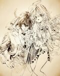  1boy 1girl angel angel_wings aya_carmine body_horror braid cigarette collared_shirt feet_out_of_frame formal greyscale hair_between_eyes halo hetero highres hitomi_hirosuke_(sayonara_wo_oshiete) hug long_hair looking_at_another millipen_(medium) mismatched_wings monochrome neck_ribbon necktie open_mouth pleated_skirt ribbon sayonara_wo_oshiete school_uniform shirt side_braids simple_background skirt smile smoking snake sugamo_mutsuki suit tendril tentacles traditional_media underbust vest wings 