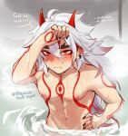  1boy arataki_itto commentary english_commentary english_text exchigen_10 fang genshin_impact highres horns light_smile long_hair male_focus multicolored_hair nipples nude oni oni_horns red_eyes red_hair solo tattoo wet 