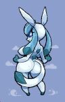  anthro big_butt blue_background blue_body blue_ears blue_eyes blue_fur blue_hair blue_nose blue_sclera blue_tail bodily_fluids breasts butt colono dipstick_tail eeveelution female fur generation_4_pokemon glaceon hair long_ears long_tail looking_back low_res markings nintendo pokemon pokemon_(species) rear_view side_boob simple_background solo standing sweat sweatdrop sweaty_butt tail tail_markings 