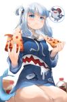  1girl absurdres bare_legs barefoot blue_eyes bottle drawstring fins fish_tail food gawr_gura highres holding holding_food holding_pizza hololive hololive_english looking_at_viewer pepperoni pizza pizza_slice shark_girl shark_tail simple_background solo somray tail virtual_youtuber white_background 