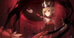  1girl absurdres ahoge bare_shoulders blonde_hair braid breasts chalice crown dragon_tail dress elbow_gloves facial_mark fate/grand_order fate_(series) french_braid gloves hair_bun hair_intakes hair_ribbon highres jiajiayu long_hair nero_claudius_(fate) outstretched_arm pointy_ears queen_draco_(fate) queen_draco_(first_ascension)_(fate) red_dress red_eyes red_ribbon ribbon scales single_glove small_breasts solo tail white_gloves 