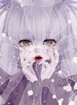  1girl barasuishou blunt_bangs broken_glass close-up crying crying_with_eyes_open crystal dress glass green_eyes hair_ornament hands_up kiru_(m_putorius) long_sleeves looking_at_viewer no_eyepatch parted_lips purple_dress purple_hair red_lips rozen_maiden solo tears 