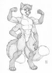  2_tails 4_arms 4_pecs 4_toes abs absurd_res anthro artist_logo artist_name biped canid canine chipfox claws featureless_crotch feet flexing flexing_both_biceps fox greyscale hand_on_hip hand_on_leg hi_res kacey logo looking_at_viewer male mammal markings monochrome multi_arm multi_limb multi_pecs multi_tail multifur muscular muscular_anthro nude pecs pose red_fox simple_background smile solo standing tail tail_markings teeth_showing toe_claws toes traditional_media_(artwork) white_background 