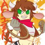  1:1 2023 animal_ears animal_humanoid arizona_cow_(tfh) bovid bovid_humanoid bovine bovine_humanoid brown_hair cattle_humanoid character_name clothing digital_drawing_(artwork) digital_media_(artwork) female fine_hamachi gloves green_eyes grin hair half-length_portrait handwear horn horned_humanoid humanoid kerchief lasso mammal mammal_humanoid midriff navel neckerchief no_pupils portrait red_kerchief red_neckerchief rope smile solo tail tailed_humanoid them&#039;s_fightin&#039;_herds 