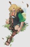  1boy apple blonde_hair blue_eyes food food_in_mouth fruit green_tunic highres link male_focus pointy_ears sandals single_bare_shoulder solo the_legend_of_zelda the_legend_of_zelda:_tears_of_the_kingdom toenails toes uzucake white_background 