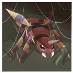  animal_focus ariados black_eyes blurry border bug colored_sclera commentary depth_of_field fangs full_body grass green_background highres no_humans outdoors pokemon pokemon_(creature) purple_sclera solo spider standing tamako_(pixiv_71110817) white_border 