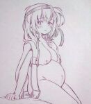 1girl big_belly breasts character_request commentary_request copyright_request headband highres large_breasts looking_at_viewer medium_hair monochrome navel nipples pregnant sitting solo traditional_media tsukareta_san 