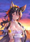  1girl absurdres black_hair breasts brown_hair character_request cleavage detached_sleeves ear_ornament eyewear_on_head granblue_fantasy hair_between_eyes hair_ornament highres long_hair medium_breasts outdoors purple_sky red_eyes shirt sky sleeveless sleeveless_shirt solo sunglasses sunset upper_body water white_shirt white_sleeves yamabuki7979 