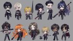  6+boys 6+girls absurdres angellyuna axe baseball_bat black_hair blonde_hair blue_eyes blue_hair chibi closed_mouth dark-skinned_female dark-skinned_male dark_skin don_quixote_(limbus_company) everyone faust_(limbus_company) full_body gregor_(limbus_company) guan_dao heathcliff_(limbus_company) highres holding holding_axe holding_baseball_bat holding_polearm holding_sword holding_weapon hong_lu_(limbus_company) ishmael_(limbus_company) lance limbus_company long_hair looking_at_viewer meursault_(limbus_company) multiple_boys multiple_girls orange_hair outis_(limbus_company) polearm project_moon purple_eyes red_eyes rodion_(limbus_company) ryoshu_(limbus_company) short_hair sinclair_(limbus_company) sword very_long_hair weapon white_hair yellow_eyes yi_sang_(limbus_company) 