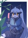  1girl animal_ears aramaru bamboo black_gloves black_hair blush bow bowtie breasts extra_ears fox_ears fox_tail fur_trim gloves grey_hair highres holding_tanzaku jacket kemono_friends kemono_friends_3 large_breasts long_hair long_sleeves multicolored_hair night night_sky open_mouth pantyhose silver_fox_(kemono_friends) skirt sky star_(sky) starry_sky tail tanabata tanzaku 