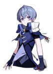 1boy absurdres blue_eyes blue_hair cowboy_shot elsword expressionless fingerless_gloves gloves high_collar highres holding holding_weapon looking_at_viewer male_focus noah_ebalon ppower_(lu_power) short_hair short_sleeves solo twitter_username weapon white_background 
