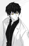  1boy :| ayin_(project_moon) black_hair black_shirt cl0ckfly closed_mouth collared_shirt colored_skin commentary_request highres korean_commentary labcoat lobotomy_corporation long_sleeves male_focus notice_lines project_moon shirt short_hair solo upper_body white_background white_skin yellow_eyes 