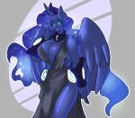  anthro anthrofied big_breasts blue_body blue_feathers breasts cleavage clothed clothing dress equid equine feathers female friendship_is_magic hasbro hi_res horn mammal my_little_pony princess_luna_(mlp) solo solratic sparkles winged_unicorn wings 