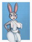  3:4 absurd_res anthro areola big_breasts breasts disney hand_on_hip herm hi_res intersex judy_hopps lagomorph leporid looking_at_viewer mammal nipple_outline nipples open_mouth outline rabbit raki_boi short_stack shower smile solo standing towel zootopia 