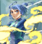  1girl absurdres blue_bodysuit blue_eyes blue_hair bodysuit boku_no_hero_academia building cloud cloudy_sky commentary_request drill_hair energy green_bodysuit hadou_nejire hair_horns highres multicolored_bodysuit multicolored_clothes official_alternate_hair_length official_alternate_hairstyle open_mouth outdoors partial_commentary short_hair sky solo twin_drills white_bodysuit yomoyama_yotabanashi 