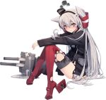  1girl amatsukaze_(kancolle) amatsukaze_kai_ni_(kancolle) black_dress blush closed_mouth dress full_body gloves grey_hair hair_between_eyes hair_tubes kantai_collection long_hair long_sleeves machinery official_art red_thighhighs rensouhou-kun rigging rudder_footwear sailor_collar sailor_dress shizuma_yoshinori single_glove solo thighhighs torn_clothes torn_dress torn_thighhighs transparent_background two_side_up white_gloves white_sailor_collar 